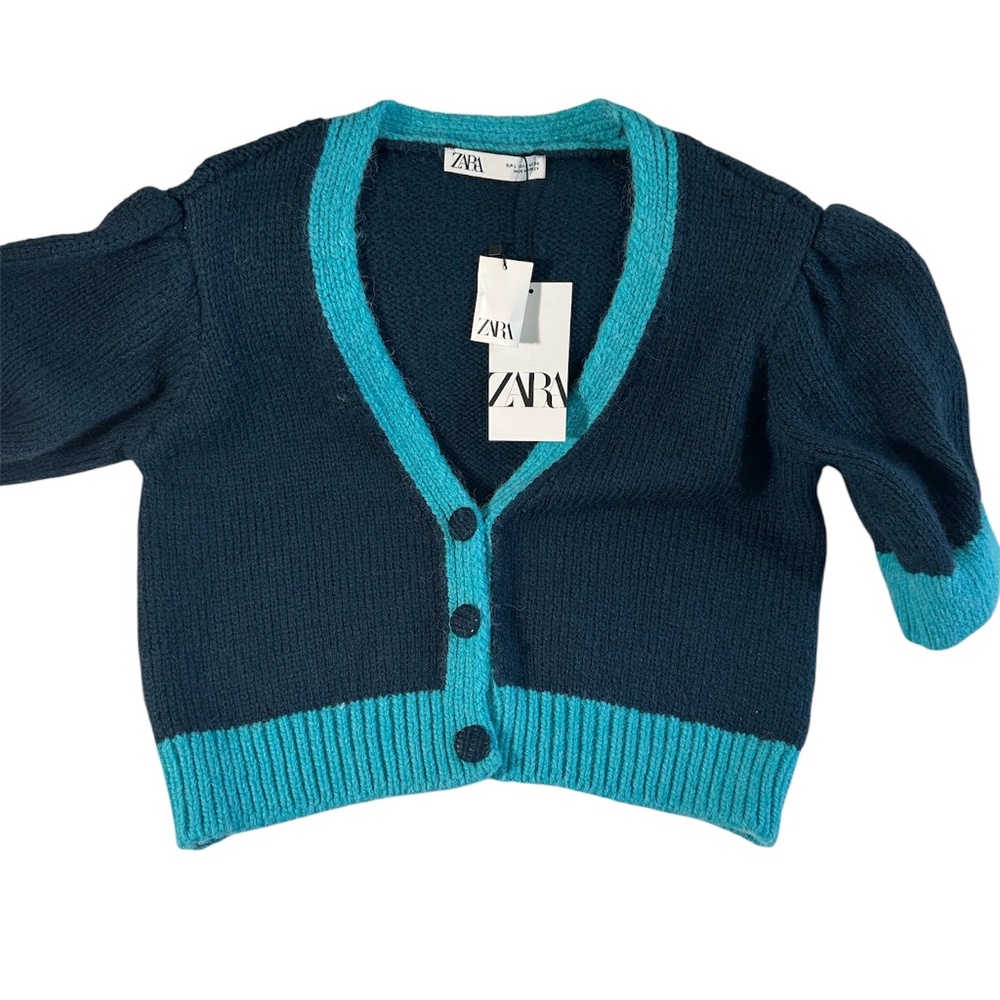 ZARA Navy Blue Trim V Neck Button Up Knitted Top Puff SS Cardigan